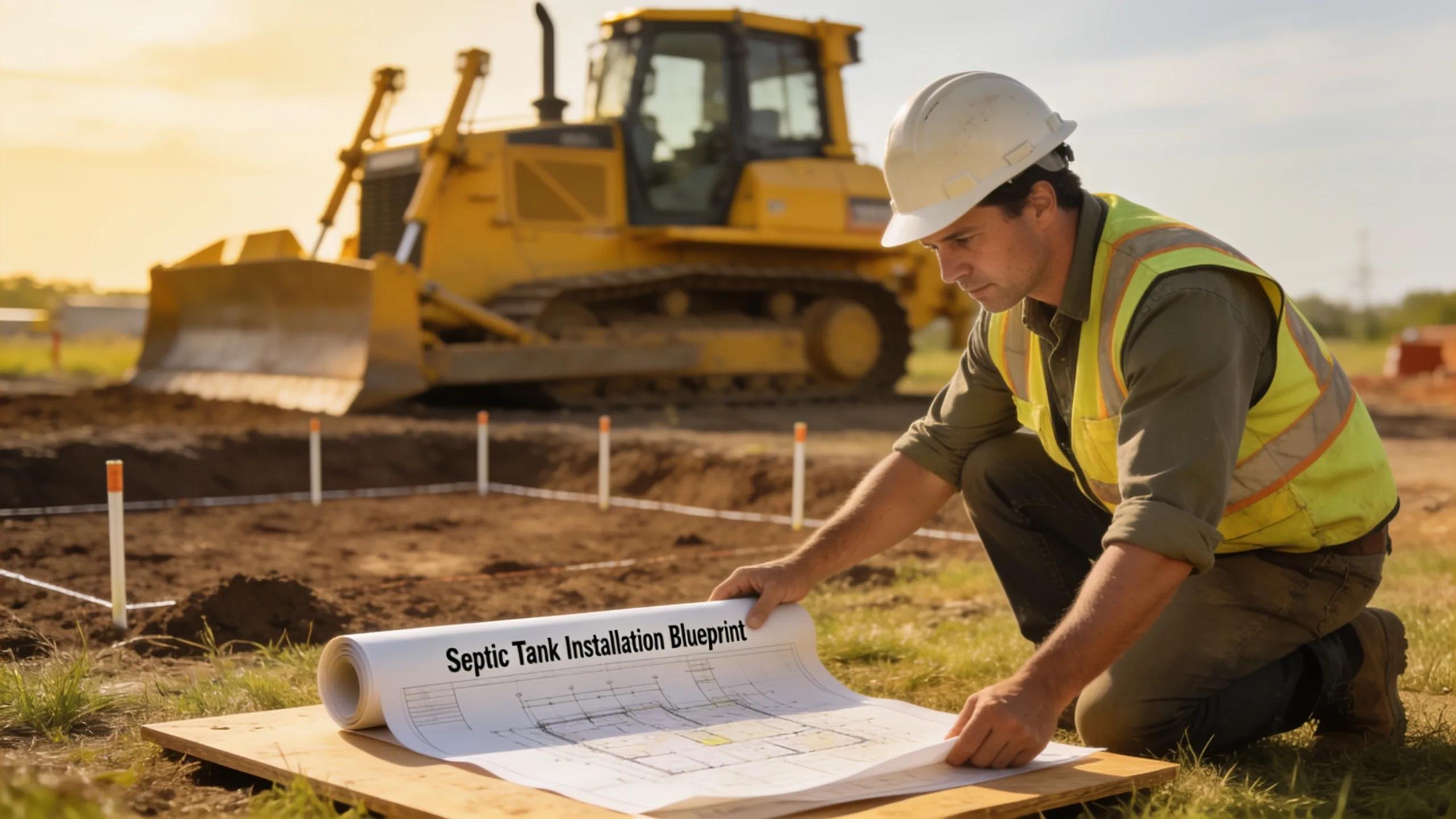 Excavation contractor planning site preparation for septic tank installation