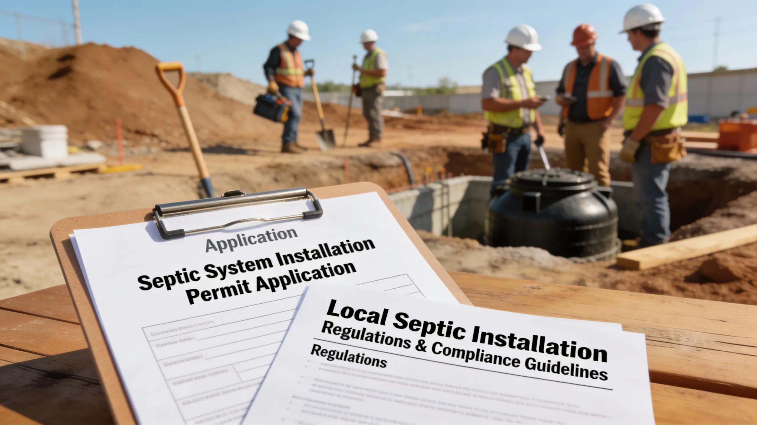 Clipboard with septic installation permits and local regulations at a construction site