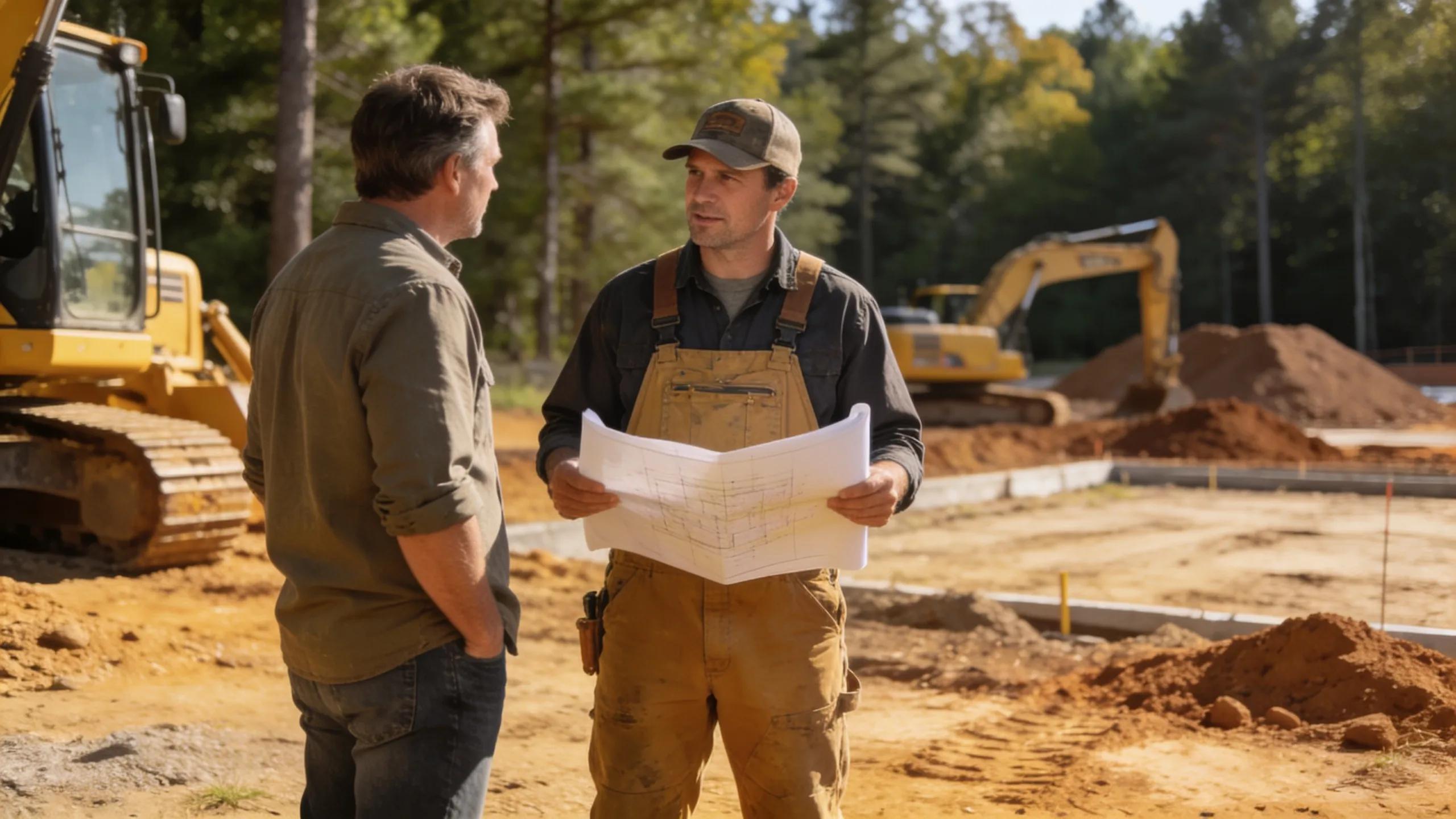 Local grading contractor consulting with homeowner about construction site in North Georgia
