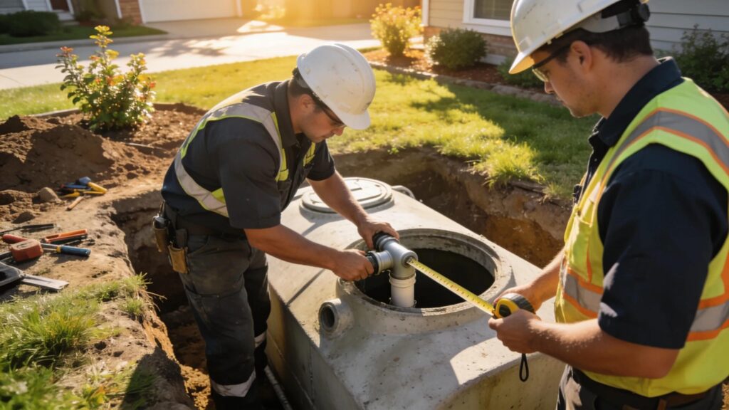 Septic tank installation process with technicians at work in residential area