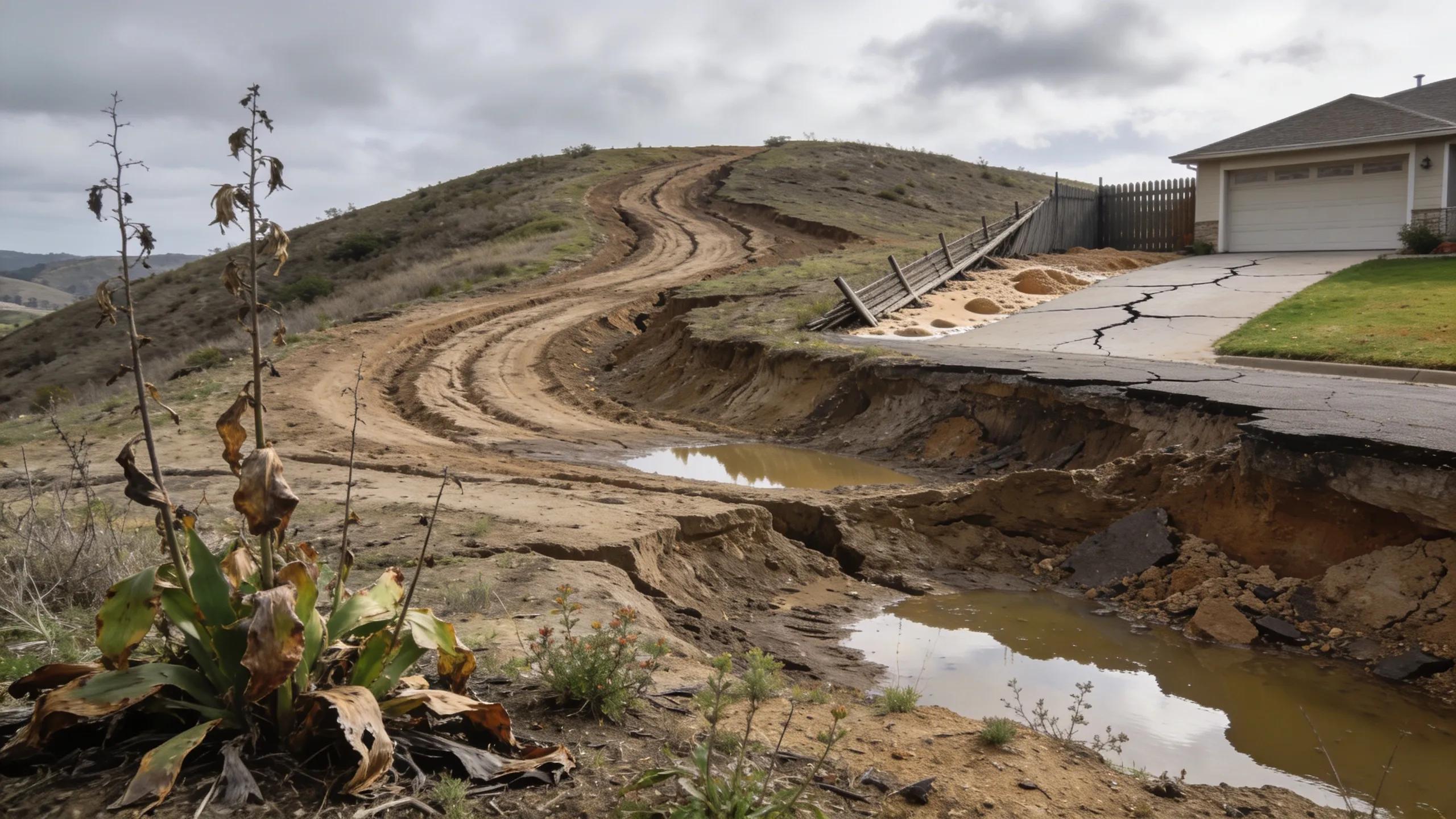 Eroded landscape showing water pooling and vegetation damage, highlighting consequences of poor land grading