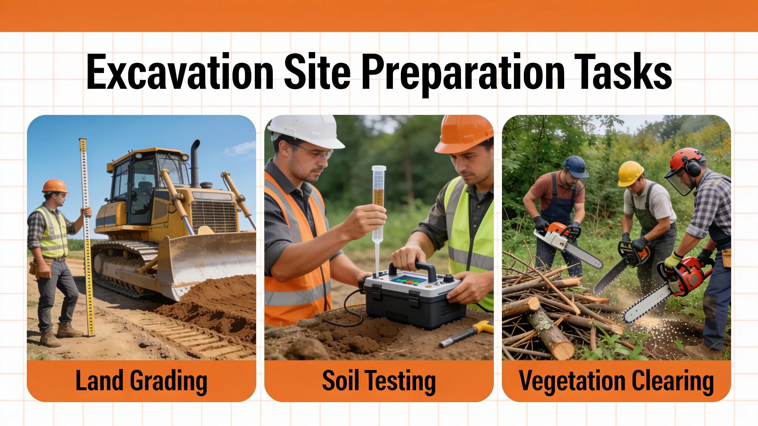 Workers performing site preparation tasks including land grading and soil testing