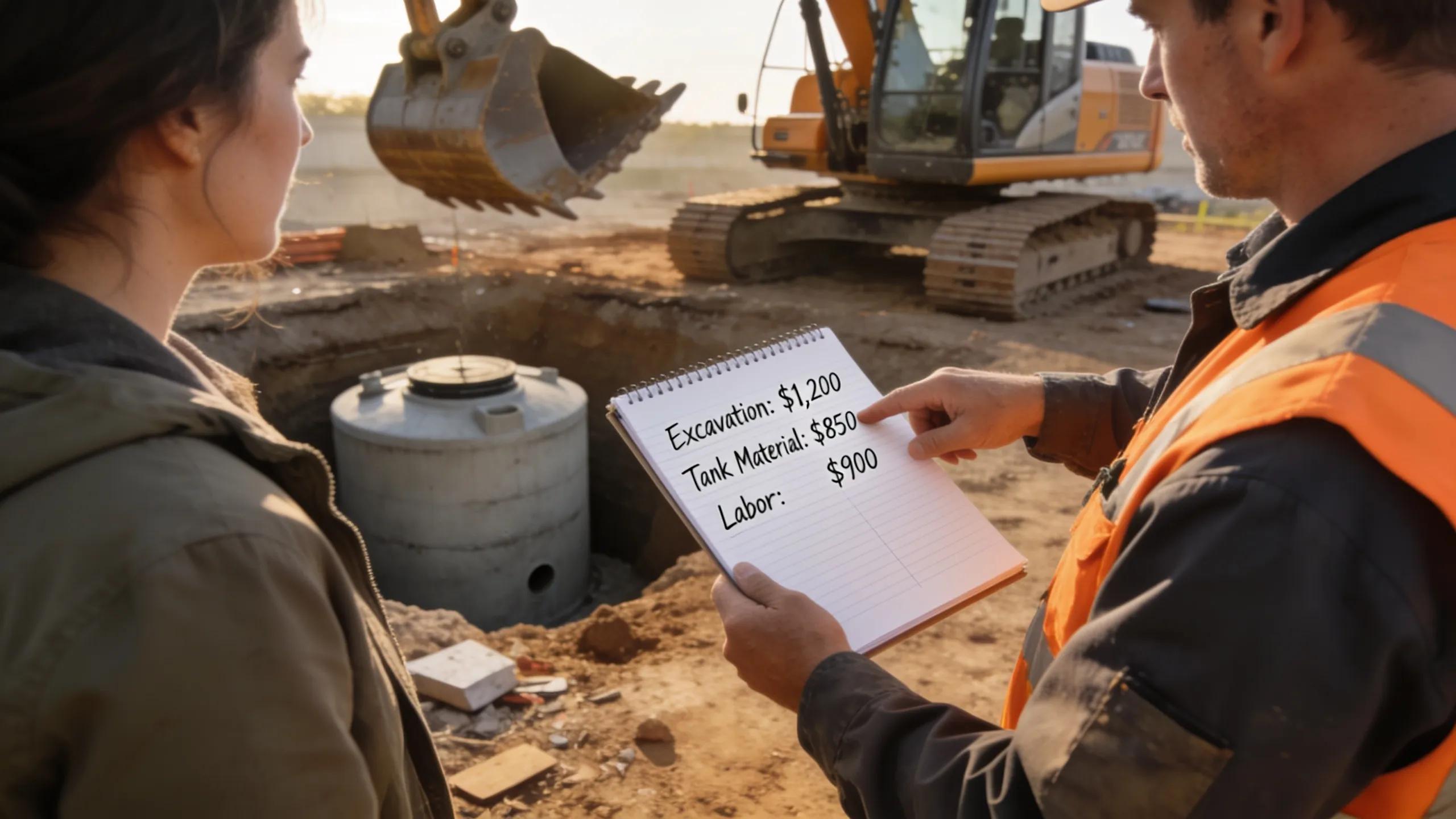 Homeowner discussing septic installation costs with a contractor at a construction site