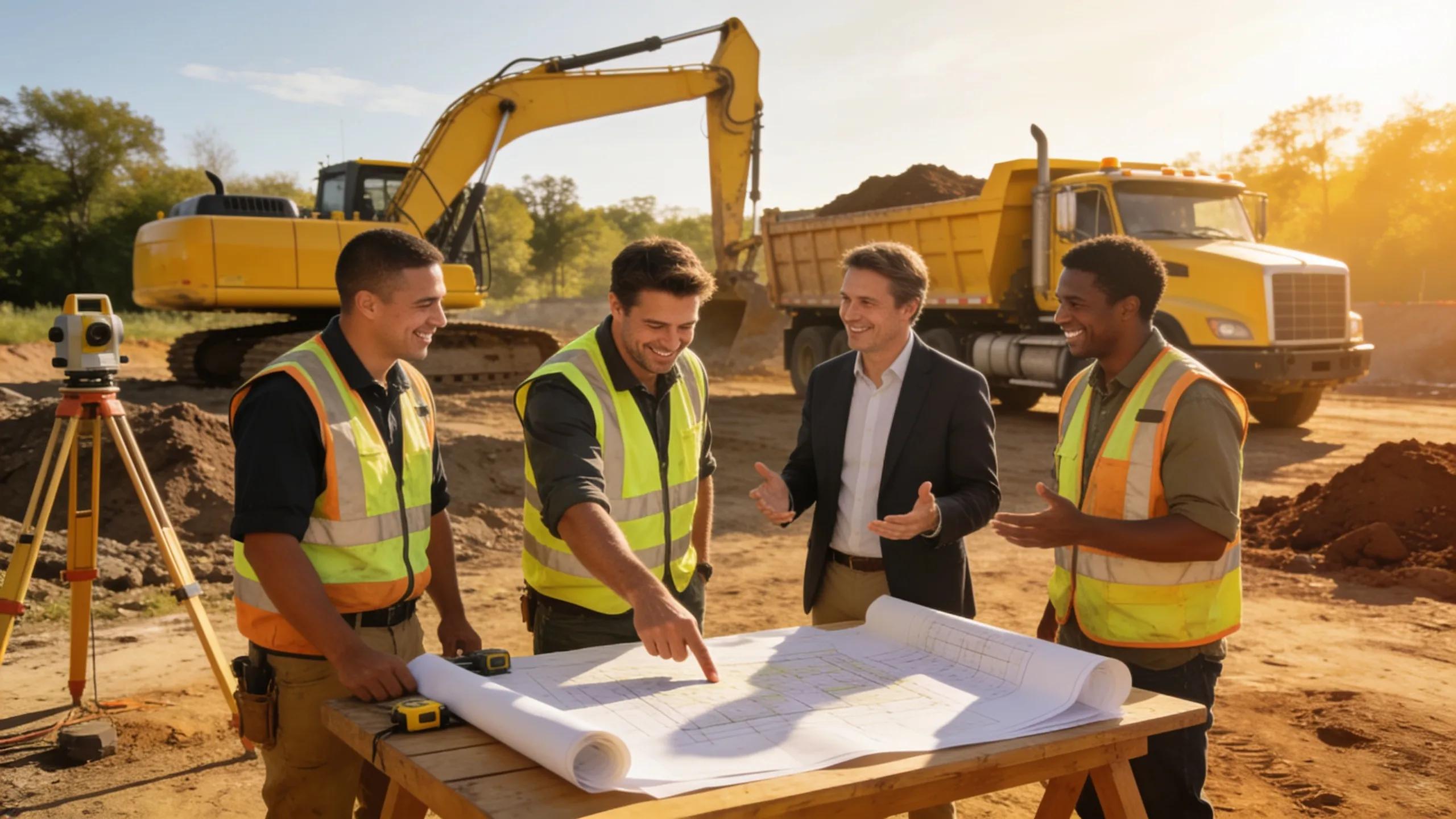 Excavation professionals discussing project plans with a client, emphasizing customer service