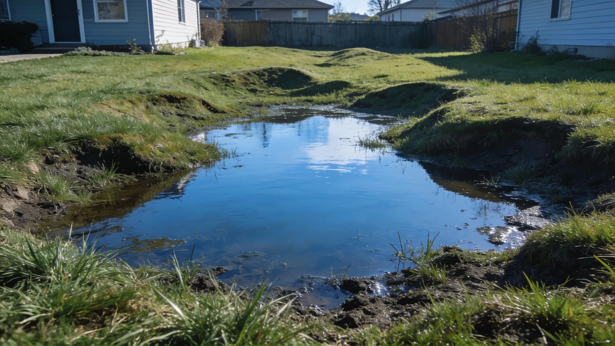 Backyard with standing water indicating poor property grading and drainage issues