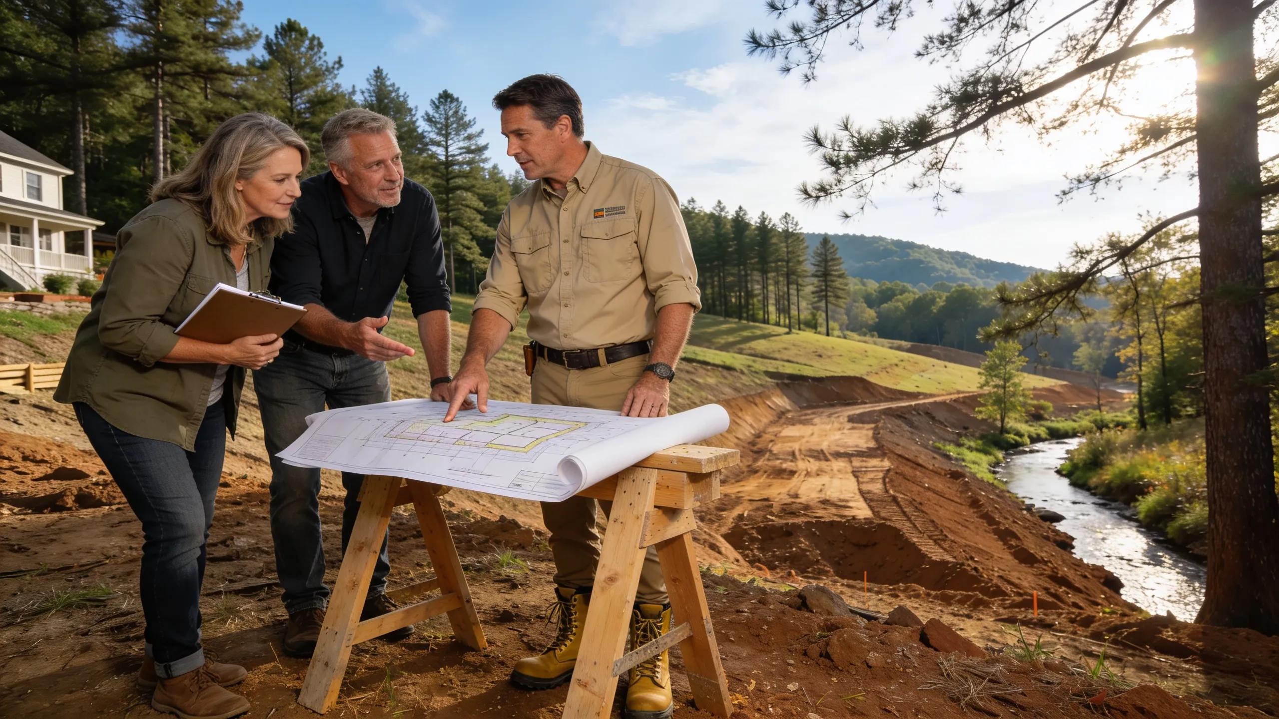 Local excavation contractor consulting with clients on property in North Georgia