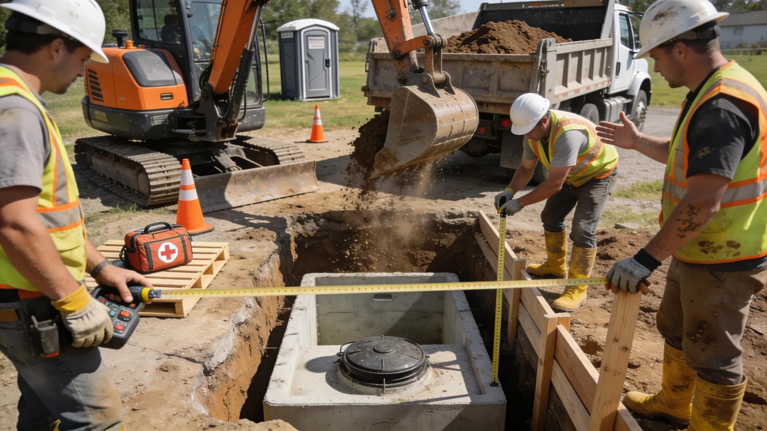 Workers performing excavation for septic tank installation, emphasizing skilled site preparation and technical expertise