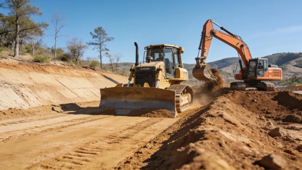 Construction site with well-graded land and machinery, emphasizing the importance of proper land grading