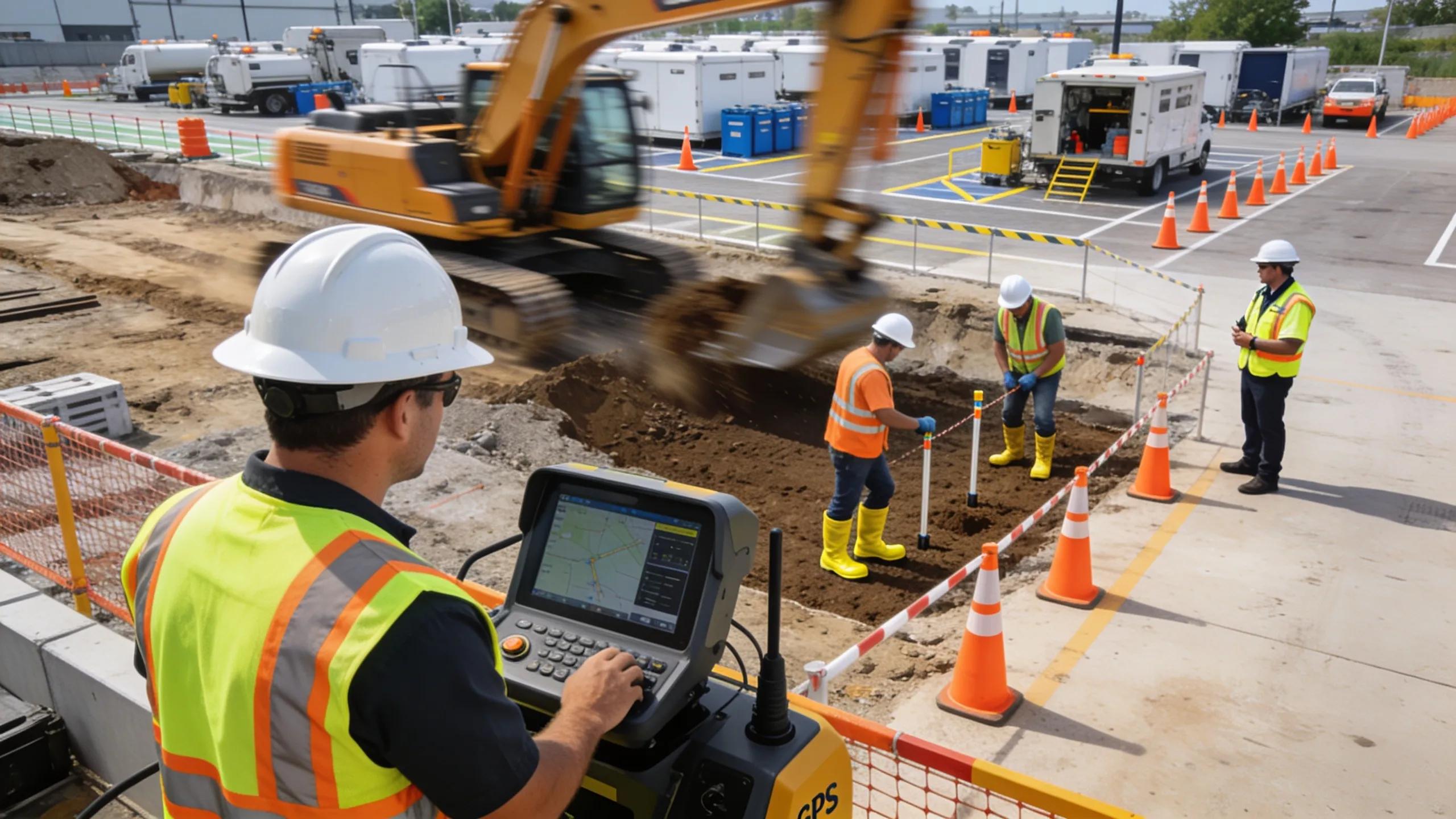 Excavation site demonstrating advanced safety techniques and GPS-guided machinery
