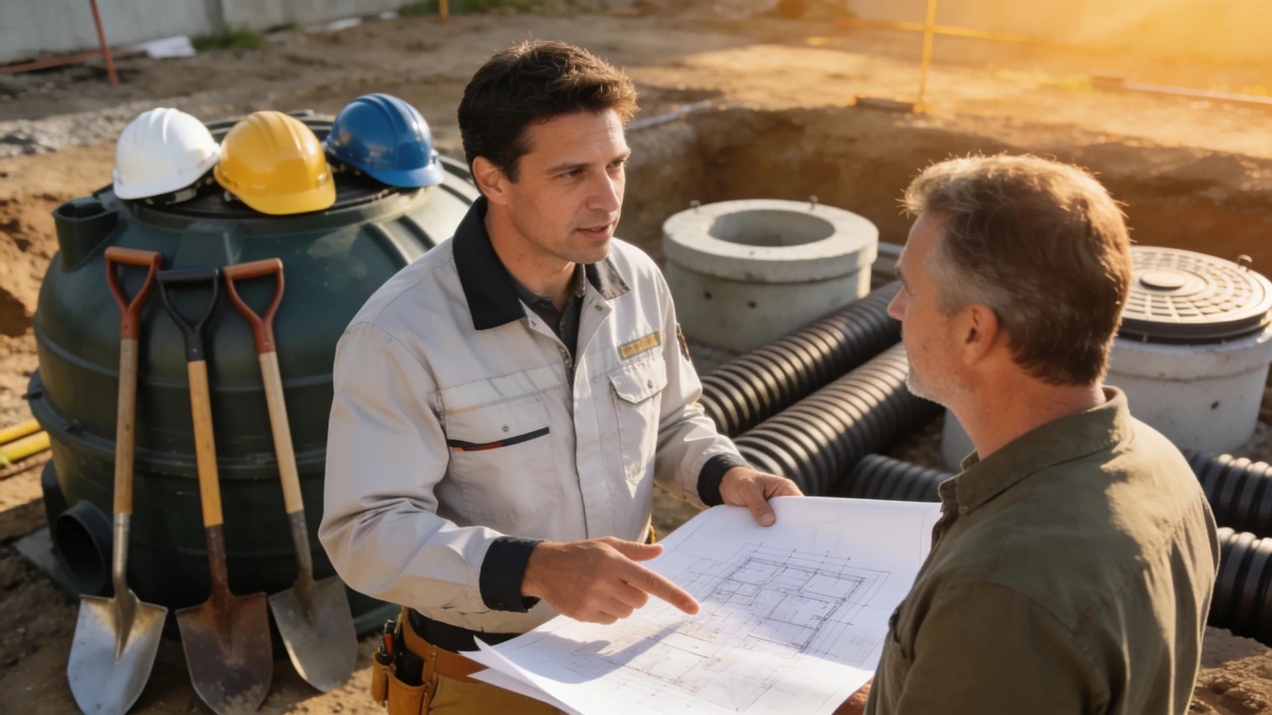 Contractor discussing affordable septic options with a homeowner on-site