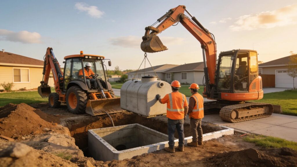 Septic tank installation site with workers and equipment demonstrating local septic system services