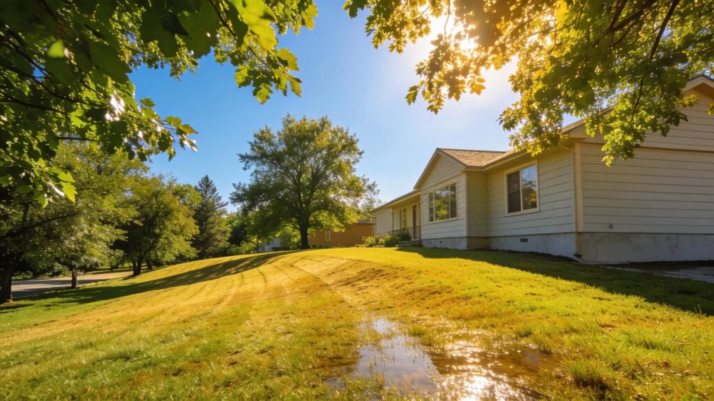 Properly graded property with effective drainage solutions, showcasing a clear, dry landscape