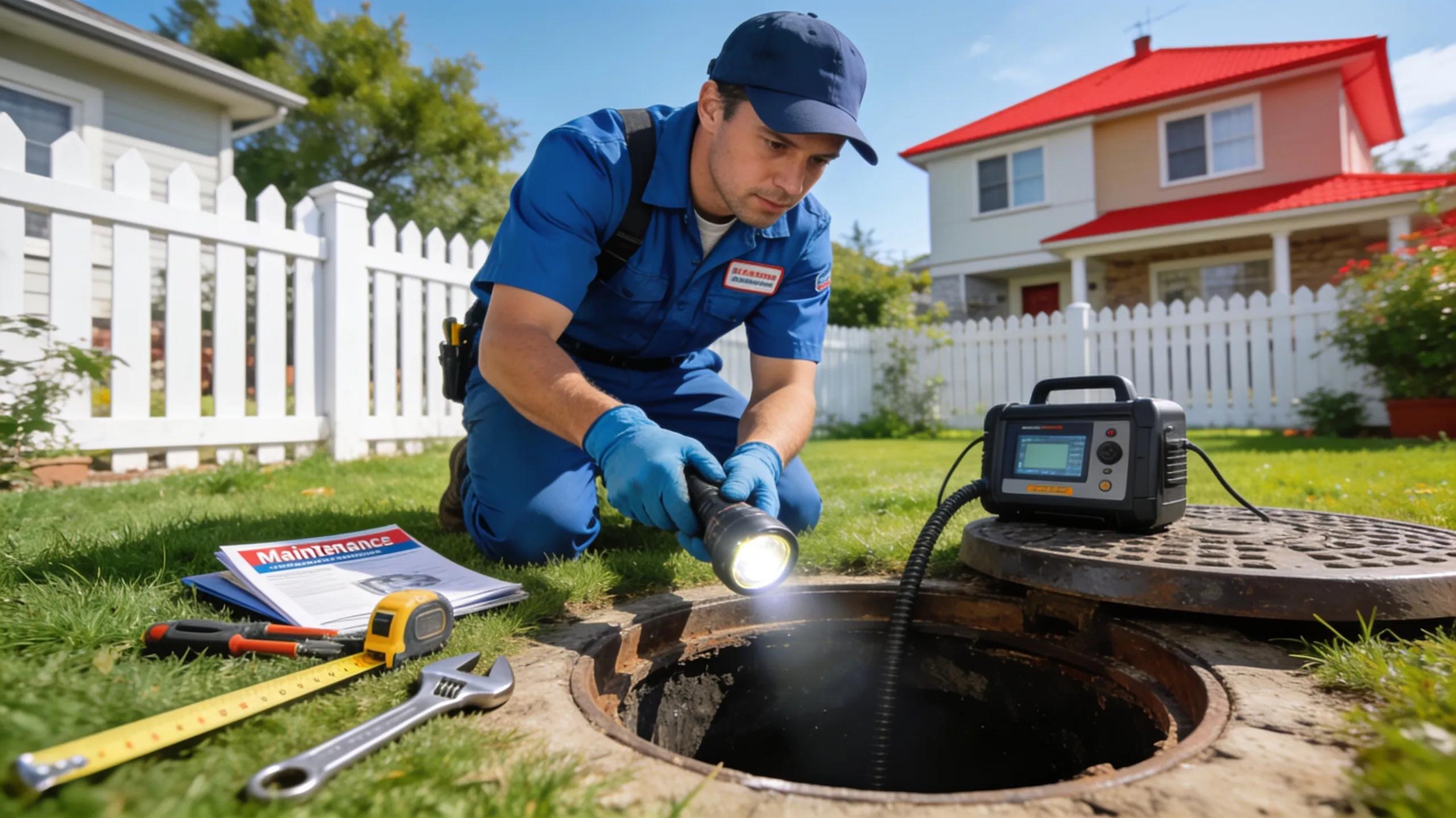 Contractor performing septic system maintenance in residential yard