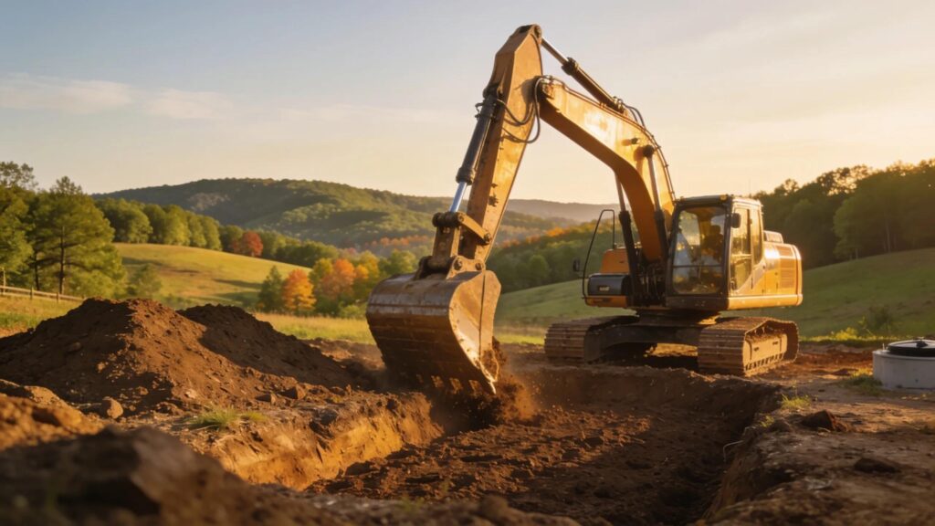 Excavator working on a grading site in North Georgia, representing quality grading and septic services