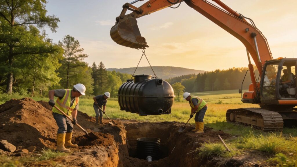 Septic tank installation in a North Georgia landscape with excavation crew at work