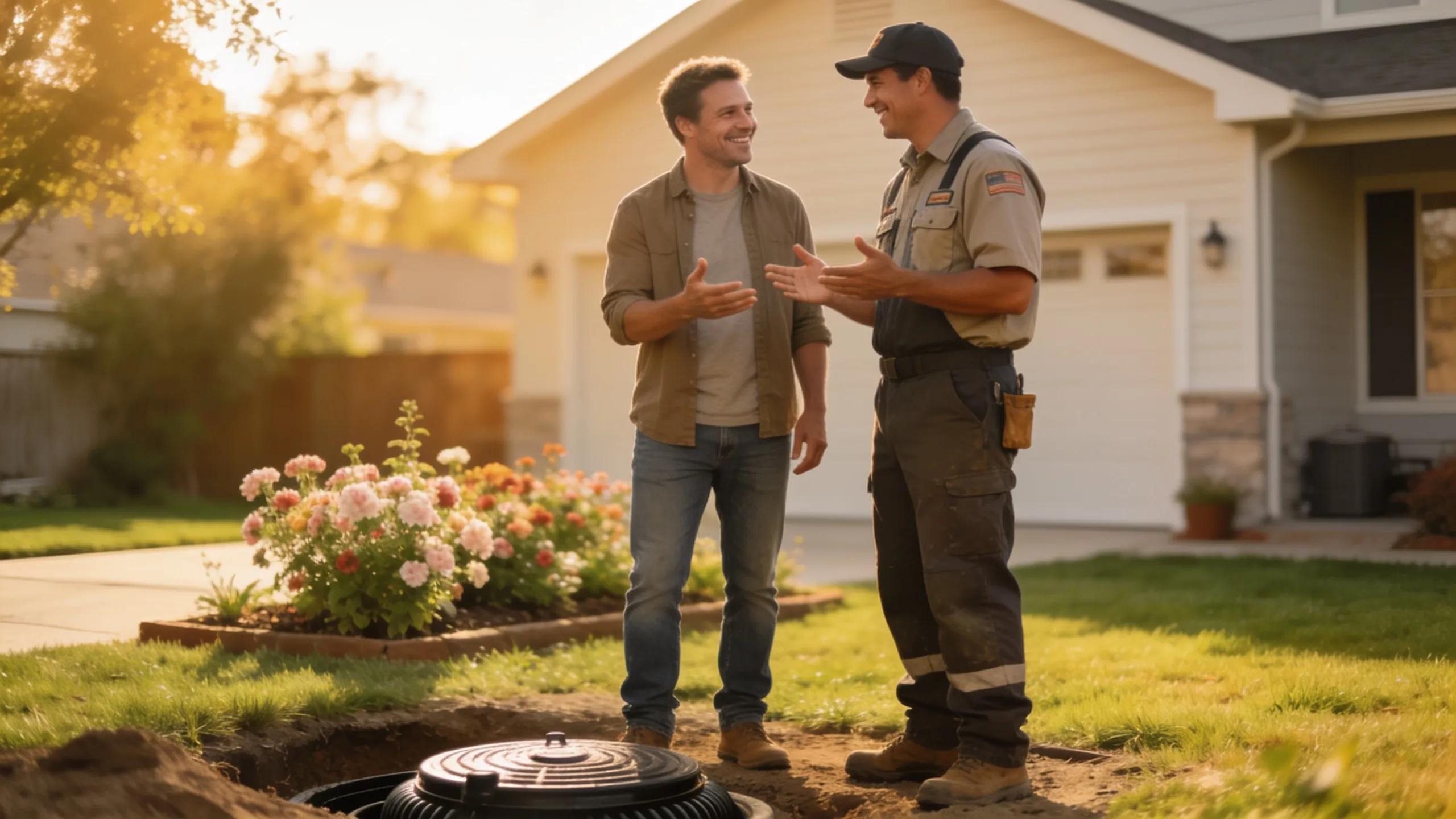 Homeowner and septic contractor discussing project, highlighting customer testimonials and satisfaction