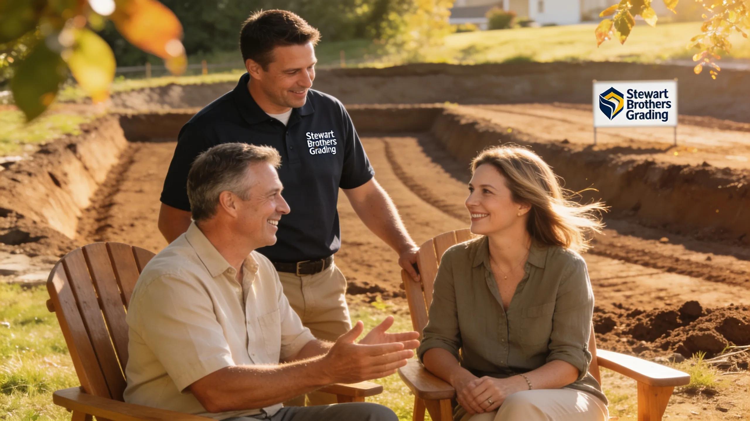 Satisfied clients sharing positive testimonials about Stewart Brothers Grading with completed excavation work in the background