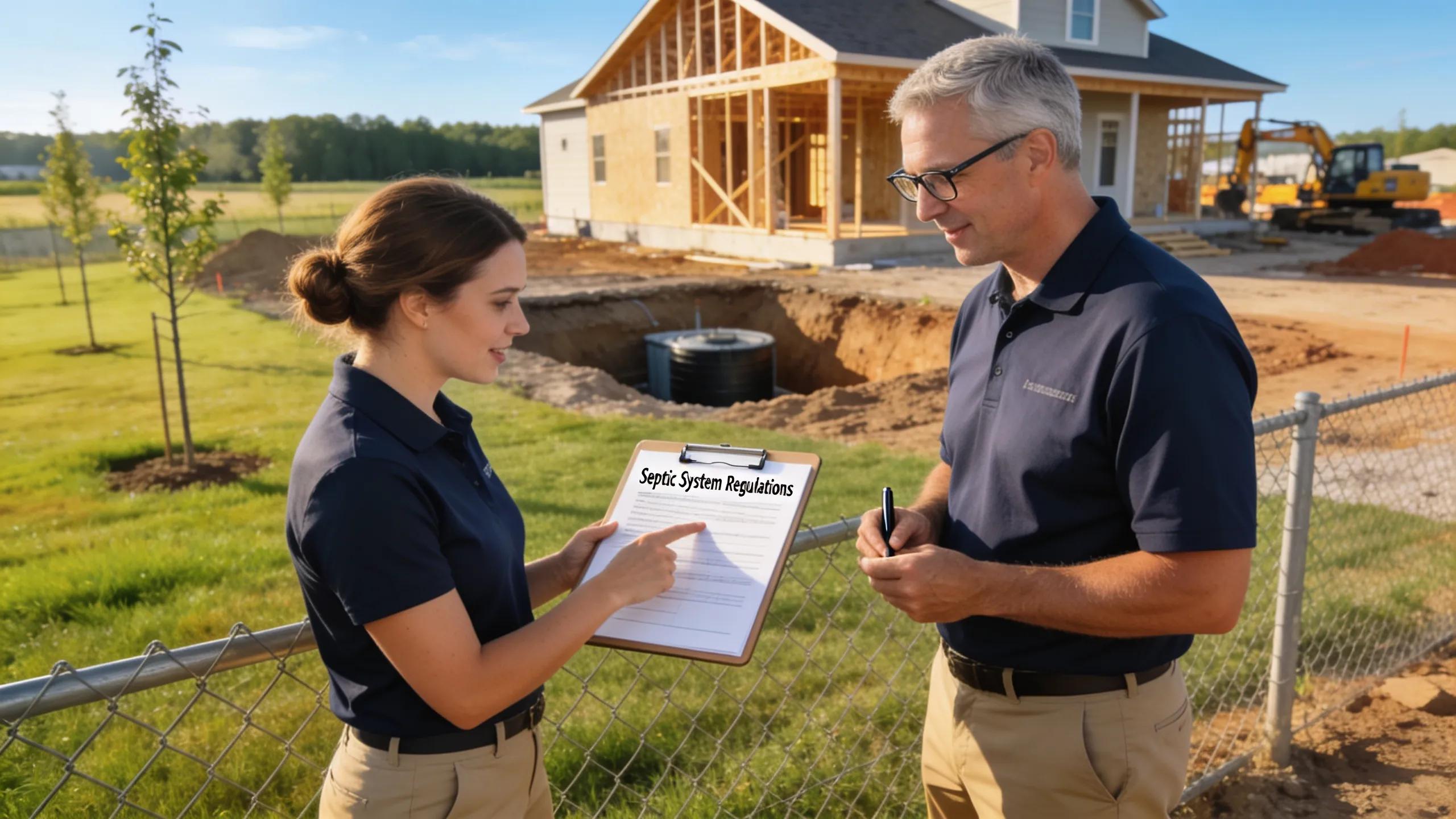 Officials reviewing septic system installation regulations in outdoor setting