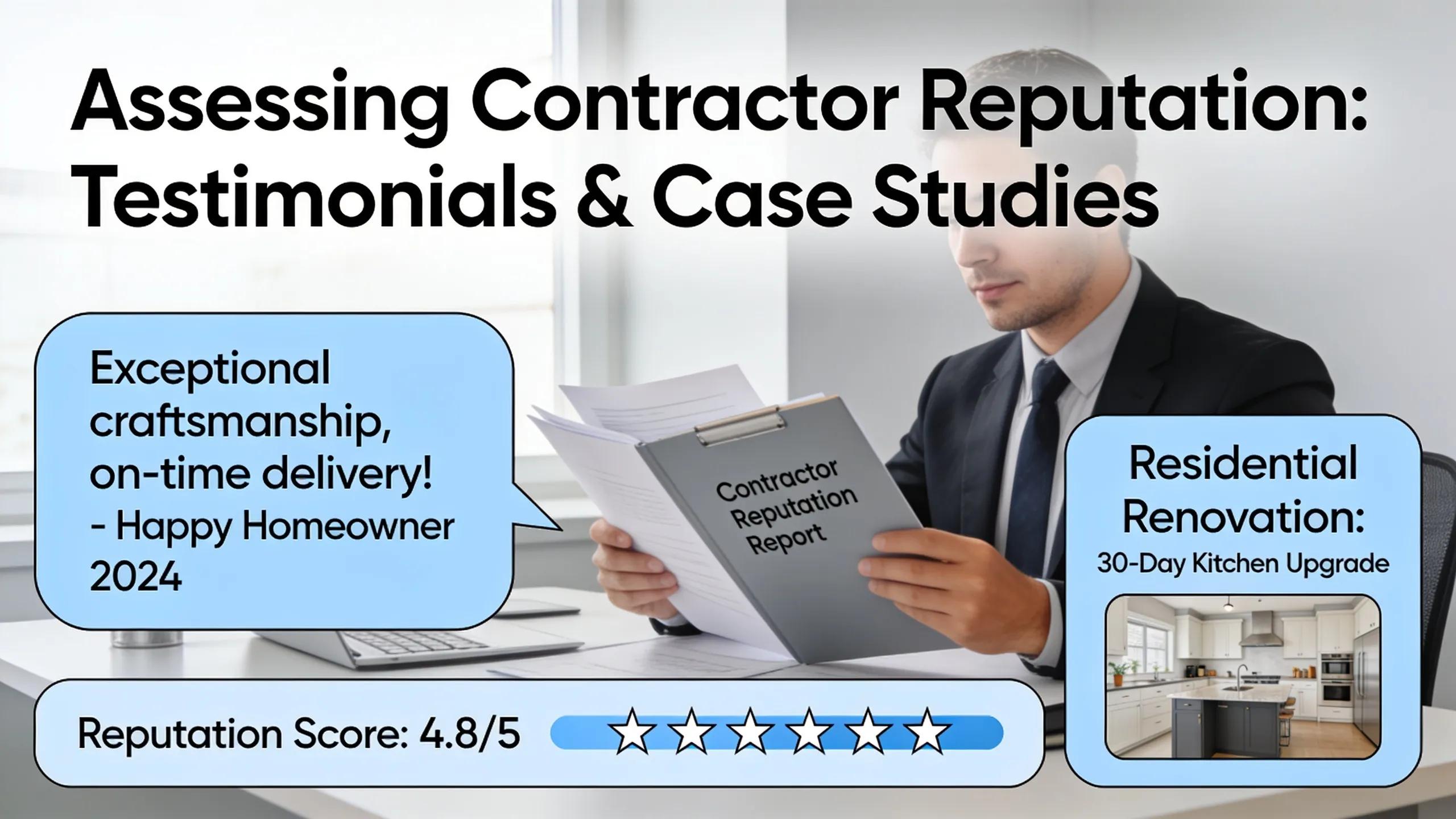 Client assessing contractor's reputation through testimonials and case studies