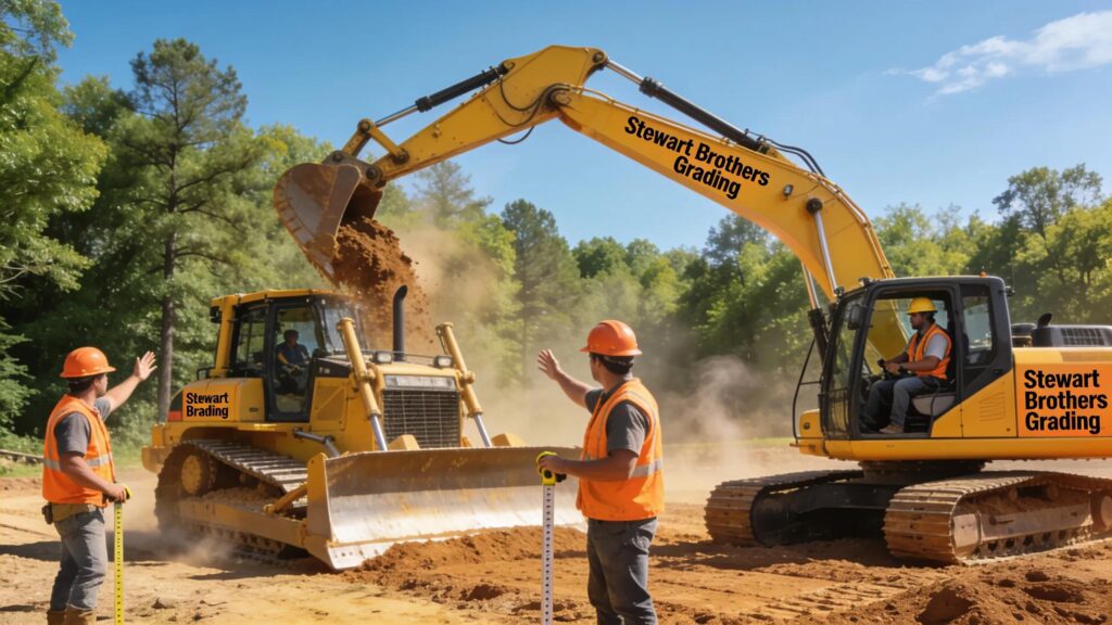 Stewart Brothers Grading team performing excavation work showcasing heavy machinery and teamwork