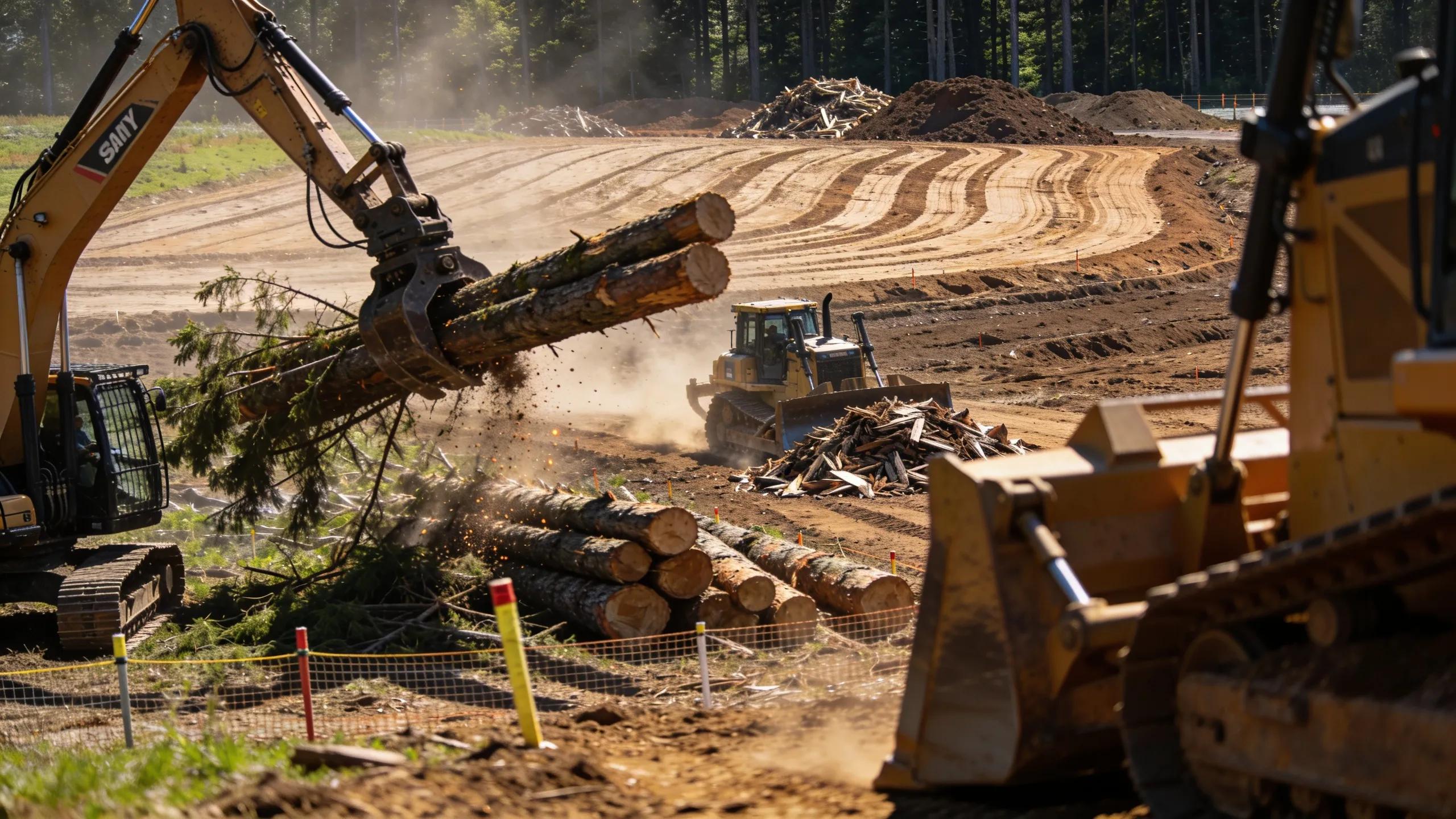 Land clearing and earthmoving activities demonstrating site preparation for construction projects