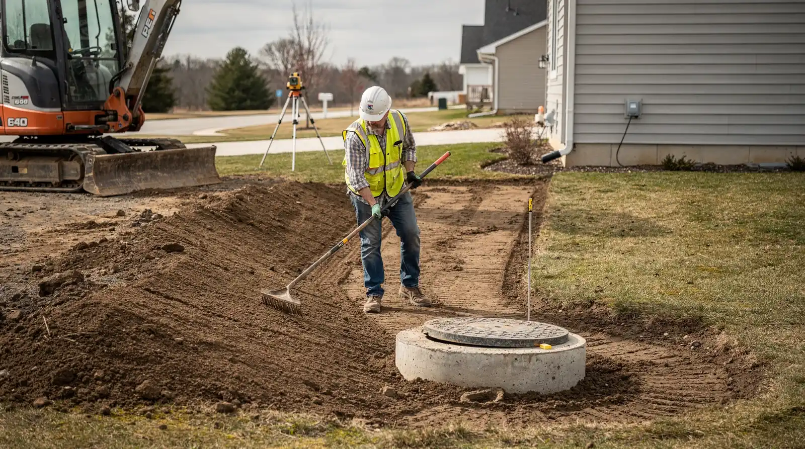 A licensed excavation contractor handles land grading and leveling alongside septic tank installation and field