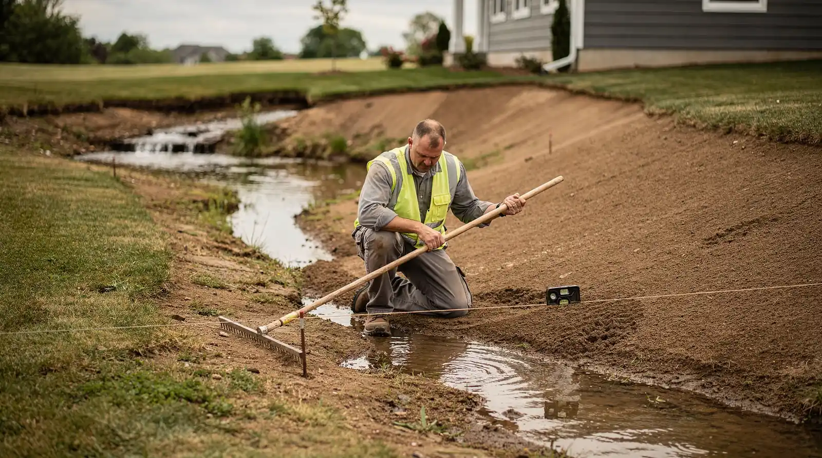 Correct grading moves water away from buildings and driveways instead of letting it pool near
