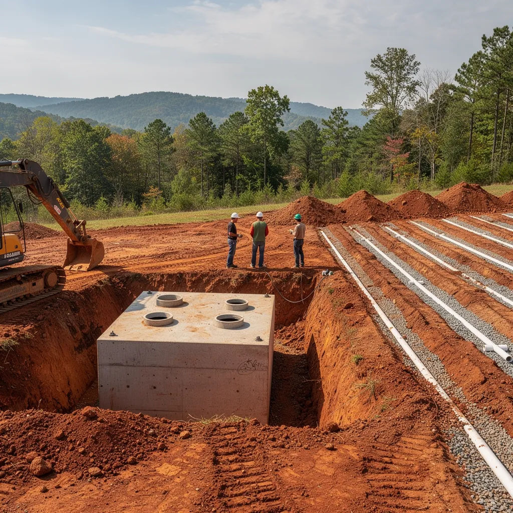 Technician performing a percolation test on soil before septic system placement