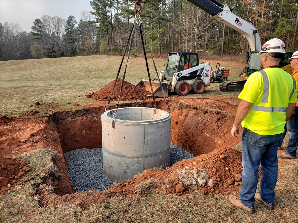 Crew installing a properly sized septic tank in an excavated pit