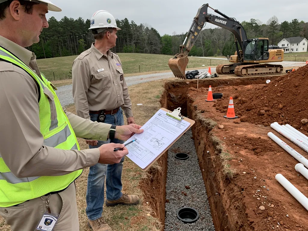 Building official reviewing septic permit documents at a rural construction site